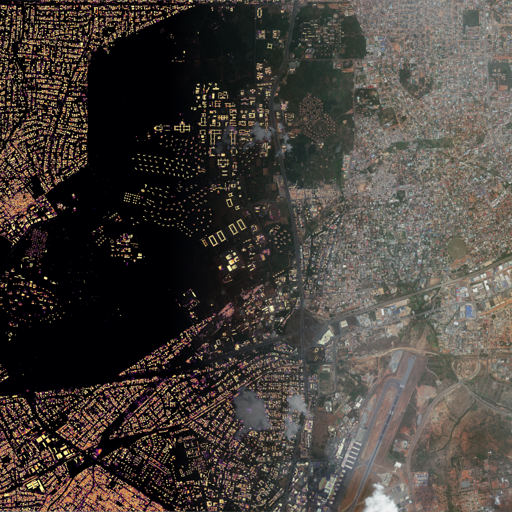 Satellite view of Accra overlaid with model-predicted building footprints